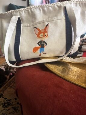 White Canvas Tote Bag with Navy Trim and Fox Graphic
